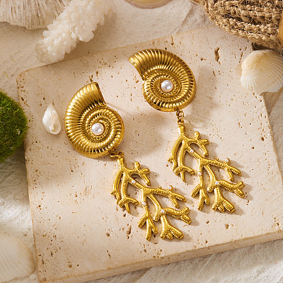 Alloy & Imitation Pearl Shell Shape with Coral Stud Earrings for Women WG4E17D-01-1