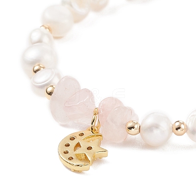 Natural Rose Quartz Chips & Pearl Beaded Bracelet BJEW-JB08236-01-1