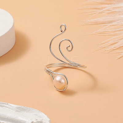 Copper Wire Wrapped Natural Freshwater Pearl Cuff Rings for Women RJEW-JR00553-02-1