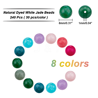 240Pcs 8 Style Natural Dyed White Jade Beads G-AR0003-96-1