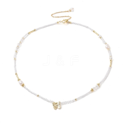 Brass Butterfly Pendant Natural Pearl Necklaces NJEW-L119-05G-1