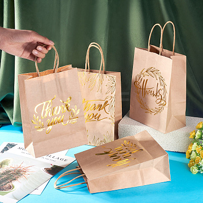 8Pcs 4 Styles Gold Stamp Thank You Printed Paper Gift Tote Bags ABAG-TA0001-61-1