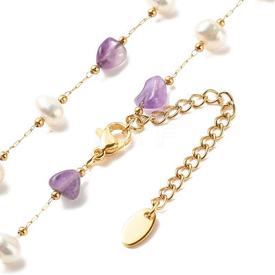 Natural Amethyst & Pearl Beaded Necklace NJEW-JN03894-03-1