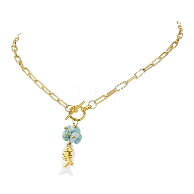 Ocean Natural Larimar & Whtie Shell Fish Pendant Brass Paperclip Chain Necklaces with OT Clasps for Women NJEW-JN06475-1