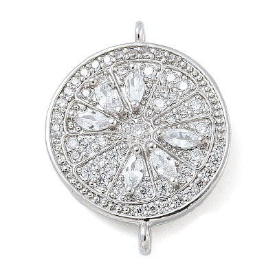 Rack Plating Brass Clear Cubic Zirconia Flat Round Connector Charms KK-A234-045P-1