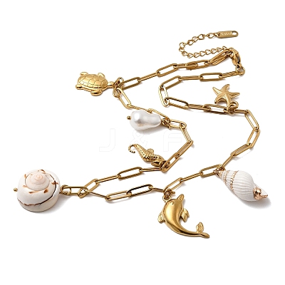 304 Stainless Steel Dolphin Sea Horse & Acrylic Pearl & Natural Shell Pendant Bib Necklaces for Women NJEW-G181-03G-1