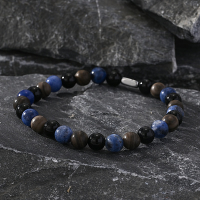 Natural Blue Veined Stone Black Agate Cylinder Men's Bracelets MW6661-1