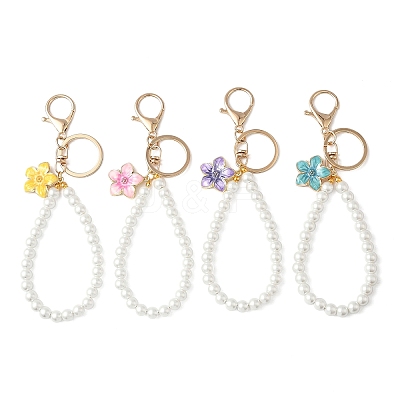 4Pcs 4 Colors Alloy Enamel Flower Charm with Plastic Pearl Beaded Pendant Decorations HJEW-JM04330-1