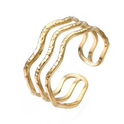 304 Stainless Steel Triple Line Wave Open Cuff Ring RJEW-T023-02G-1