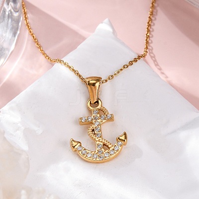 304 Stainless Steel Crystal Rhinestone Anchor Pendant Necklaces NJEW-Z057-01A-G-1