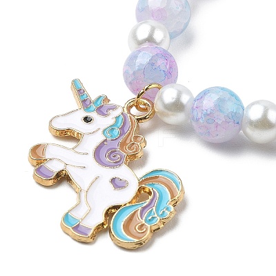 Glass Beaded Stretch Bracelet with Alloy Enamel Unicorn Charm for Kids BJEW-JB09555-1