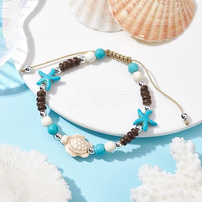 Starfish & Tortoise Synthetic Turquoise Braided Bead Bracelet BJEW-JB09967-01-1