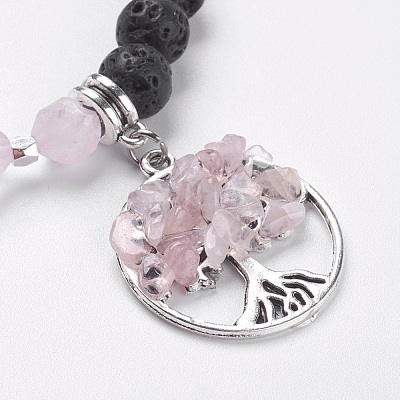Natural Rose Quartz & Lava Rock Stretch Bracelets BJEW-JB03953-03-1