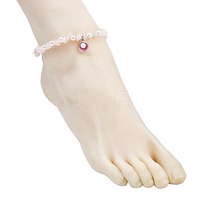 Alloy Enamel Shell Shape Charm White Round Shell Pearl & Natural Rose Quartz Chip Beaded Anklets AJEW-AN00734-01-1