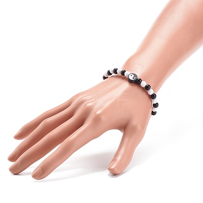 Polymer Clay Yin Yang & Acrylic Round Beaded Stretch Bracelet for Women BJEW-JB08529-1
