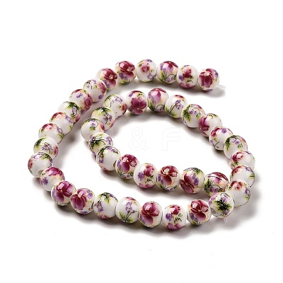 Handmade Flower Printed Porcelain Ceramic Beads Strands PORC-J006-C04-1