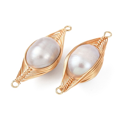 Copper Herringbone Wire-Wrapped Natural Pearl Round Links Connector Charms KK-Z152-02G-02-1