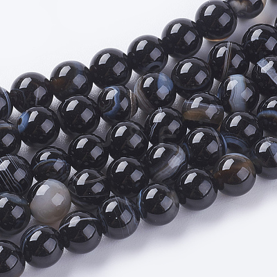 Round Dyed & Heated Natural Black Agate Beads Strands G-G582-6mm-07-1