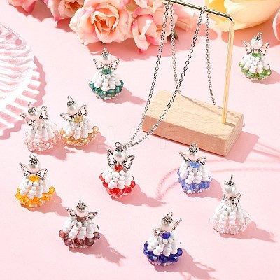 10 Colors Glass Seed Beaded Angel Pendants PALLOY-CJ00089-1