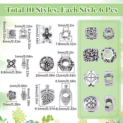 60Pcs 10 Styles Tibetan Style Alloy European Beads FIND-SC0008-88-1