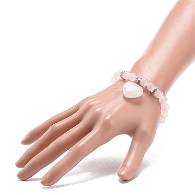 Natural Rose Quartz Round Beaded Stretch Bracelet with Heart Charm BJEW-JB09019-03-1