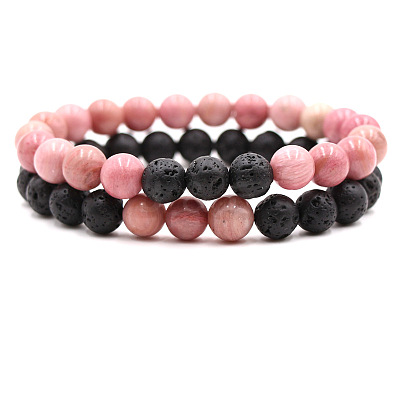 2Pcs 2 Styles Natural Rhodonite & Lava Rock Round Beaded Stretch Bracelets for Couple FS-WGA2A2E-13-1