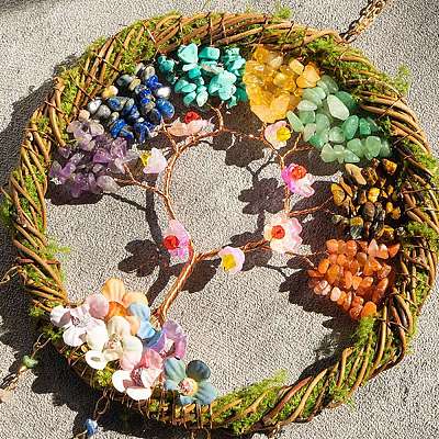 7 Chakra Natural & Synthetic Mixed Stone Chips Tree of Life Suncatchers HJEW-F027-04-1