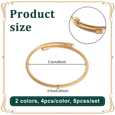 8Pcs 2 Colors 304 Stainless Steel Twist Round Cuff Bangles BJEW-GO0002-18-1