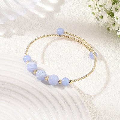 Natural Blue Lace Agate Round Graduated Beaded Brass Cuff Bangles BJEW-JB14463-02-1
