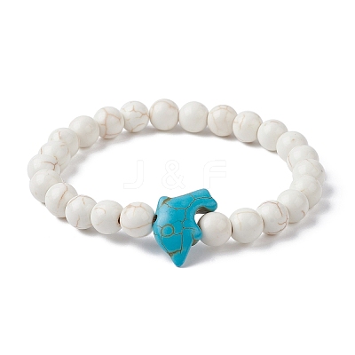 Natural Howlite & Synthetic Turquoise Dolphin Beaded Stretch Bracelets BJEW-JB09826-02-1