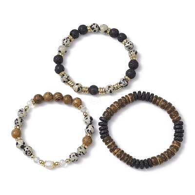 3Pcs 3 Style Natural Lava Rock & Dalmation Jasper & Coconut Beaded Stretch Bracelets Set BJEW-JB09810-1