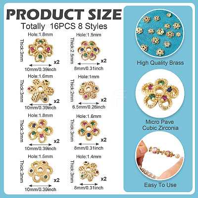 16Pcs 8 Styles Brass Micro Pave Cubic Zirconia Bead Caps ZIRC-TA0001-23G-1