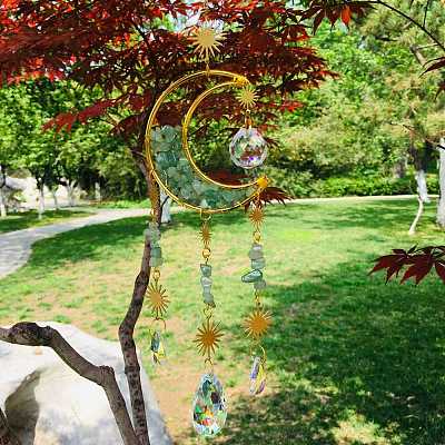 Wire Wrapped Natural Green Aventurine Chips & Moon Hanging Ornaments PW-WG515F2-04-1