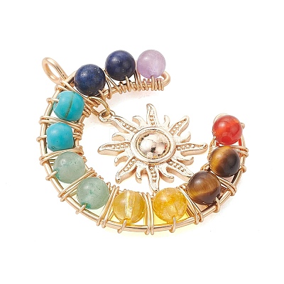 7 Chakra Round Mixed Stone Copper Wire Wrapped Moon Pendants PALLOY-TA00401-01-1