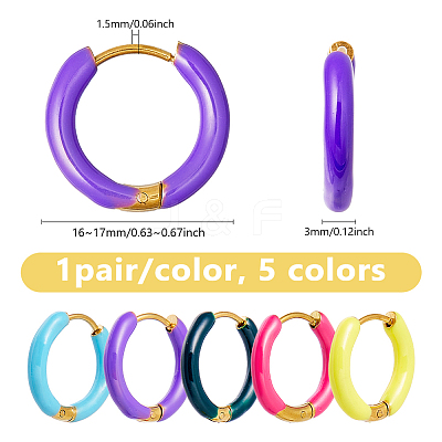 5 Pairs 5 Color 316 Stainless Steel Enamel Ring Hoop Earrings EJEW-DC0001-39B-1