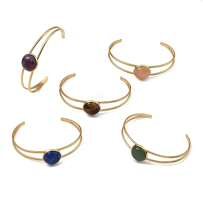 304 Stainless Steel & Natural Gemstone Cuff Bracelets for Women BJEW-JB14123-02-1