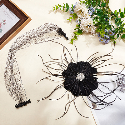 Bridal Wedding Mesh Feather Fascinator Hats Hair Chips OHAR-WH0011-47B-1