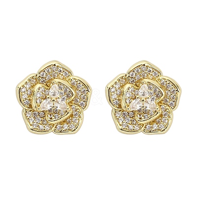 Flower Brass Micro Pave Clear Cubic Zirconia Stud Earrings X-EJEW-M082-19G-1
