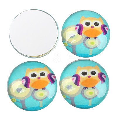 Cartoon Owl Printed Glass Half Round/Dome Cabochons GGLA-N004-10mm-B-1