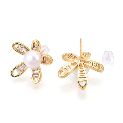 Flower Brass Natural Pearl Stud Earrings PEAR-N020-05X-1