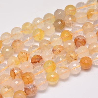 Faceted Natural Yellow Hematoid Quartz Round Beads Strands G-F266-10-6mm-1