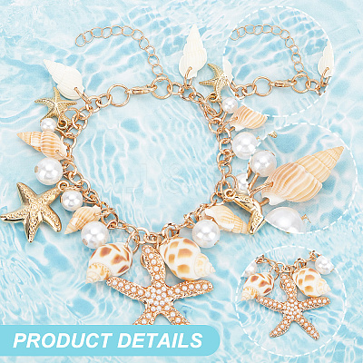 3Pcs Natural Conch Shell & Alloy Starfish & CCB Plastic Pearl Charm Bracelet BJEW-PH0004-35-1