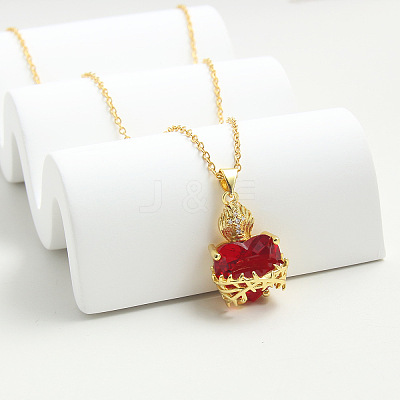 Brass Micro Pave Clear Cubic Zirconia and Red Resin Scared Heart Pendant Necklaces for Women FS-WG476F5-01-1