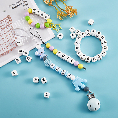 20Pcs White Cube Letter Silicone Beads 12x12x12mm Square Dice Alphabet Beads with 2mm Hole Spacer Loose Letter Beads for Bracelet Necklace Jewelry Making JX432B-1