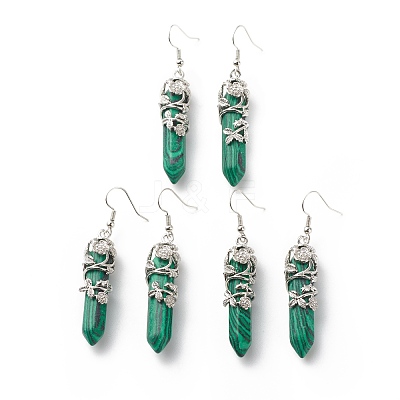 Synthetic Malachite Bullet with Flower Dangle Earrings EJEW-G300-02P-11-1
