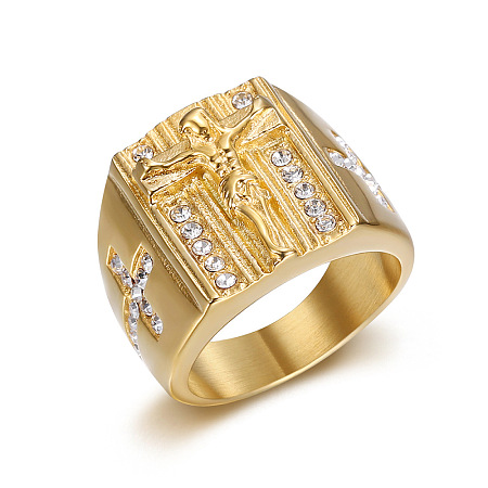 Cross with Jesus Pattern 304 Stainless Steel with Crystal Rhinestone Finger Rings for Men FS-WG78AD7-04-1