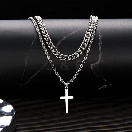 Stainless Steel Cross Pendant Double Layer Necklaces PW-WG88E37-02-1