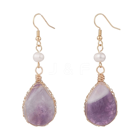 Natural Amethyst Teardrop Dangle Earrings with Natural Pearl EJEW-JE04850-01-1