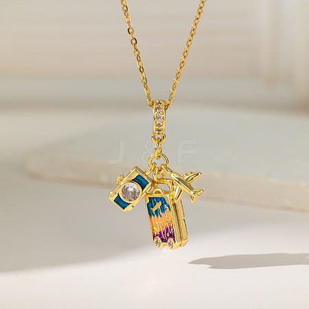 Airplane & Camera & Trunk 304 Stainless Steel Micro Pave Clear Cubic Zirconia Pendant Necklaces FS-WG81D22-01-1