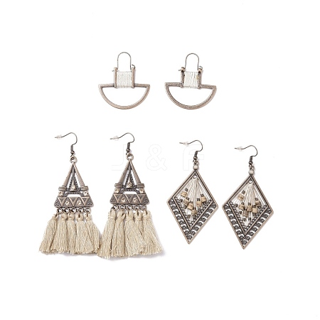 3 Pairs 3 Style Half Ring & Triangle & Rhombus Cotton Braided Dangle Earrings and Hoop Earrings with Wood Beads EJEW-P200-02R-1